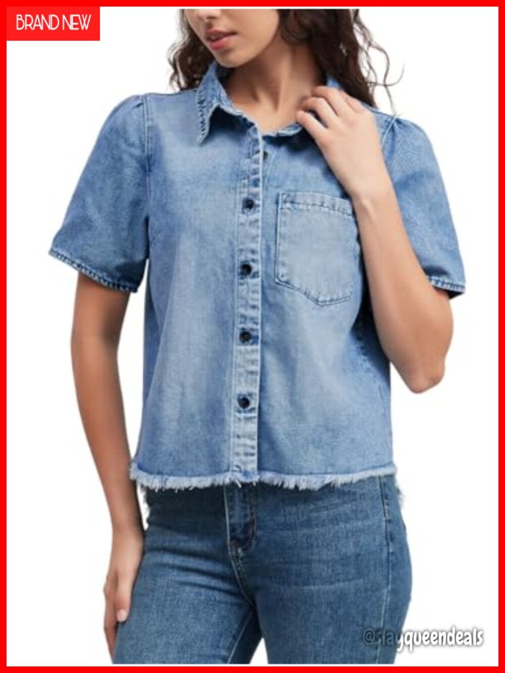 Short Sleeve Denim Shirt for Women Button Down Chambray Blouse Fringe Hem Jean